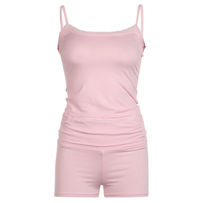 Ueong Lace U-Neckband Slim Vest Low-Waist Hip Shorts Leisure Home Color Suit 2024
