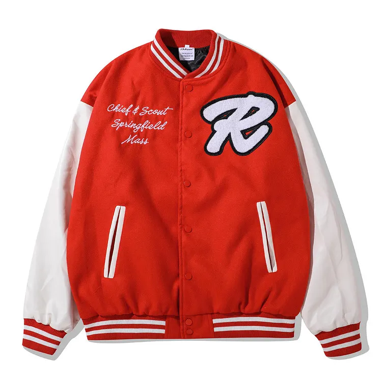 Letterman Jacket Outfit Senior Jackets Varsity Baseball Coat Cartoon Hamburger Embroidered Baseball Uniform Coat Men's Jacket
