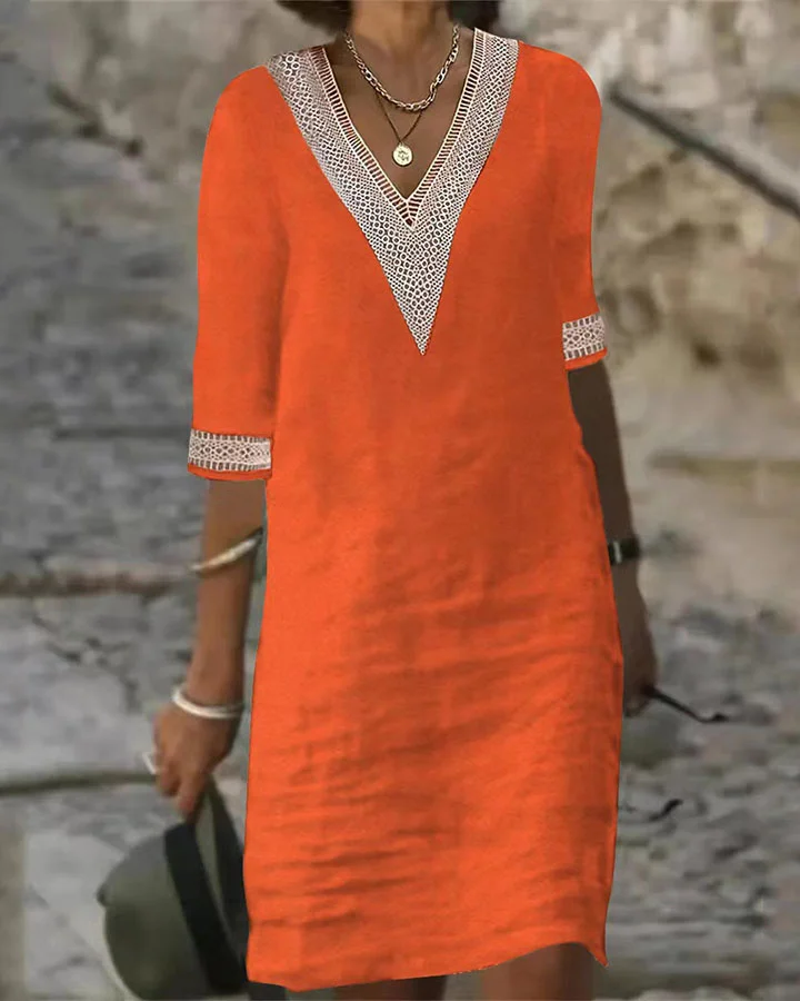 Women's solid color V-neck lace mid-sleeve cotton and linen casual dress