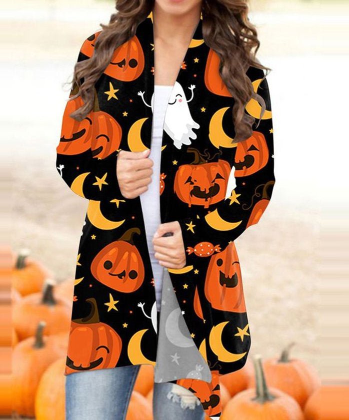 Womens Halloween Day Ghost Pumpkins Print Cardigan