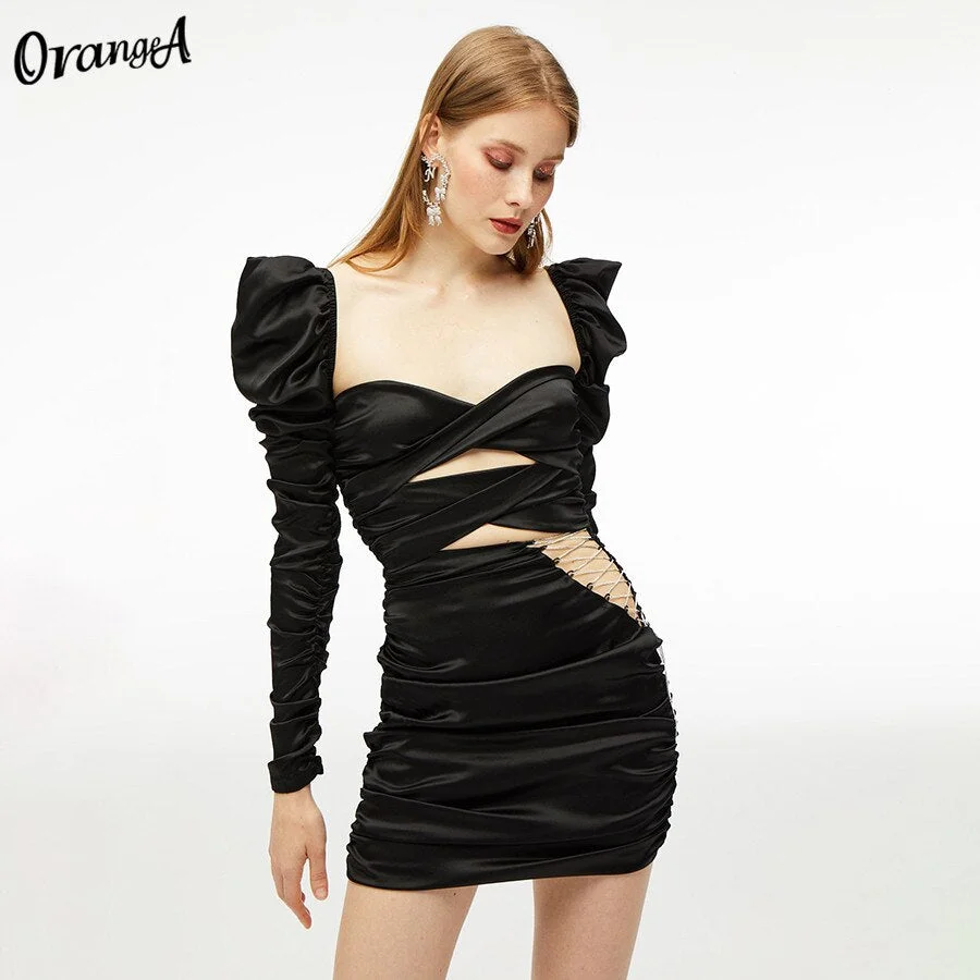 OrangeA Women Elegant Sexy Bodycon Dress Long Sleeve Hollow Out Cross Ruched Fashion Mini Dress Skinny Hight Street Clubwear