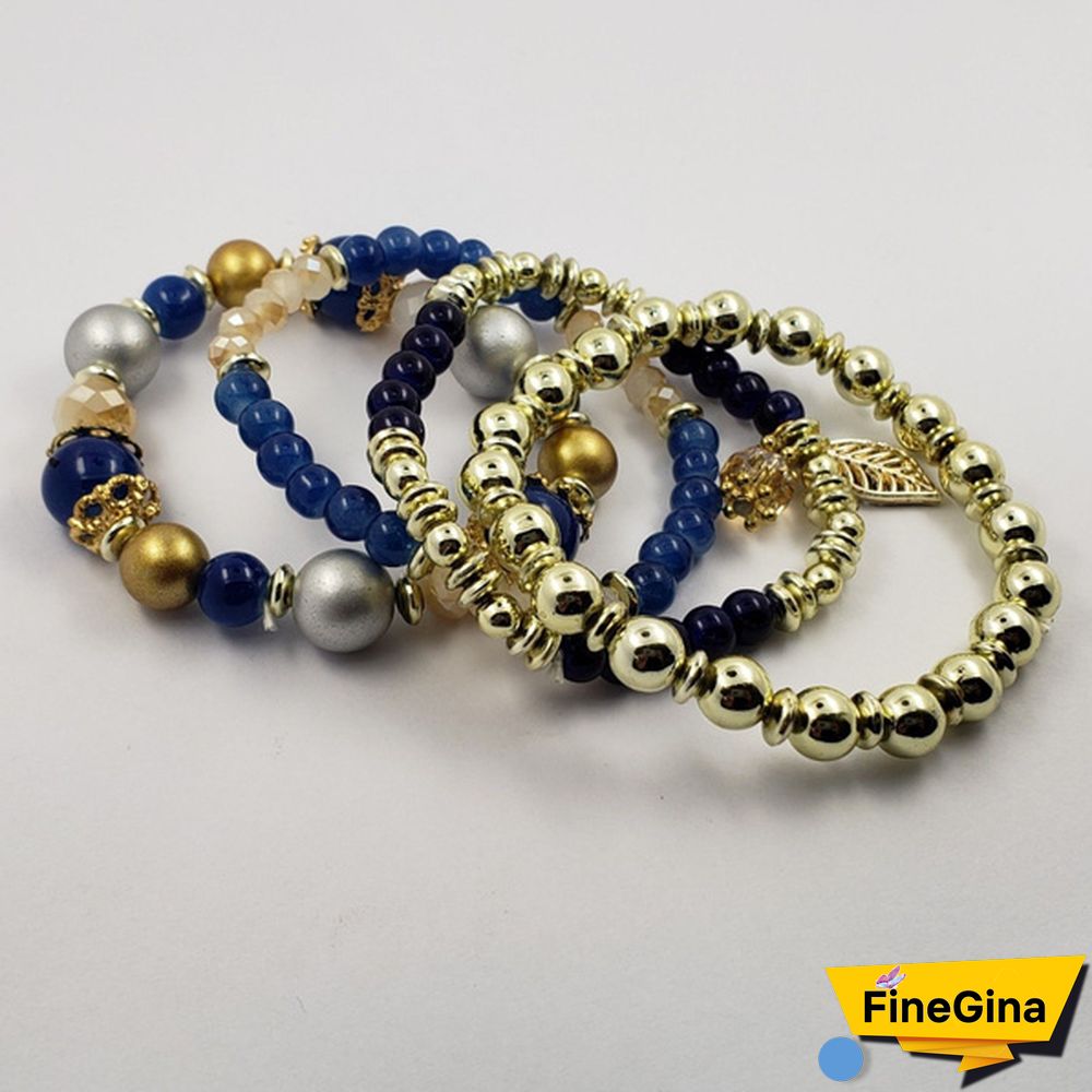 4pcs/set Multilayer Crystal Beads Leave Tassel Bracelets Women Bangles Jewelry