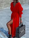 Solid Color Long Sleeve Bandage Shirt Maxi Dress