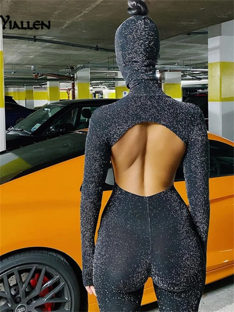 Yiallen 2021 Sexy Backless Shiny Jumpsuit + Mask Two Piece Outfits Women Matching Set Spring Night Party Club Femme Activewear