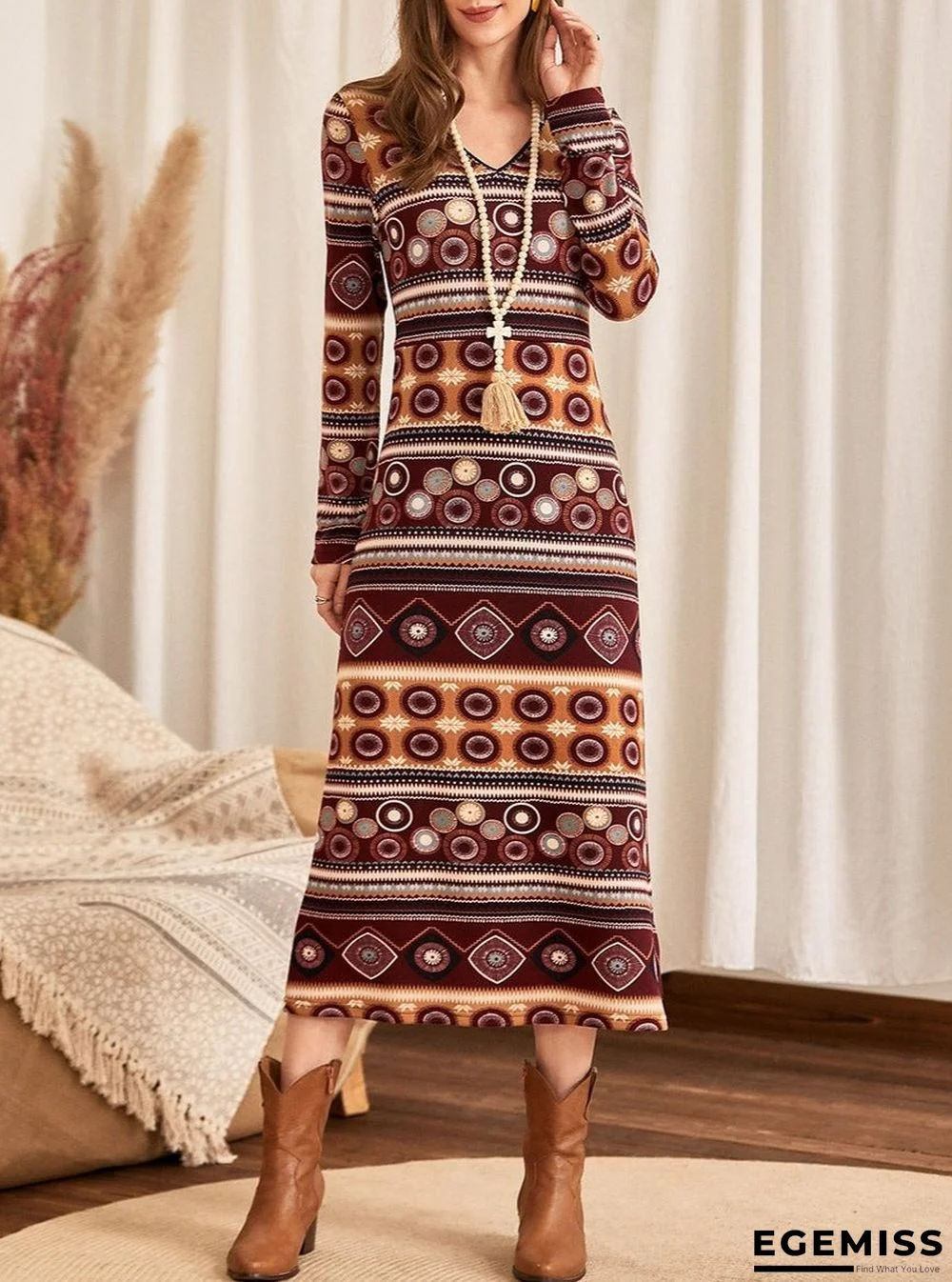 Ethnic Geometric Print Knitted Casual Loose V-neck Straight Dress | EGEMISS