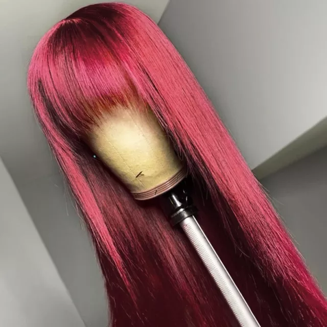 Vibrant Burgundy Color Straight Wig with Bang Full Machine Made Wig