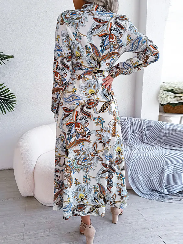 High Waisted Long Sleeves Buttoned Solid Color Lapel Maxi Dresses