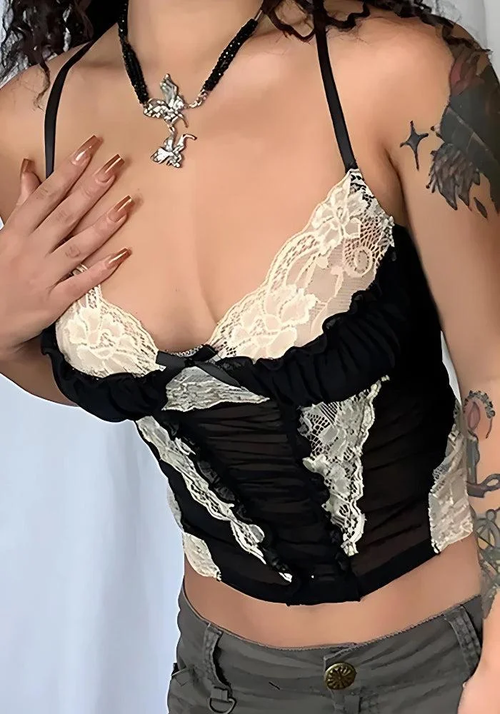 Brownm Lace Sheer Cropped Top