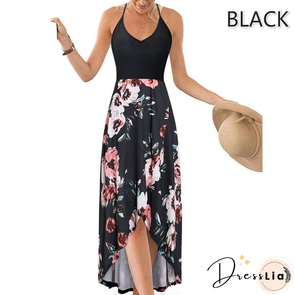 Women&rsquo;s Fashion Summer Casual Floral Printed V-Neck Sling Dress High Waist Big Swing Dress Backless Dress