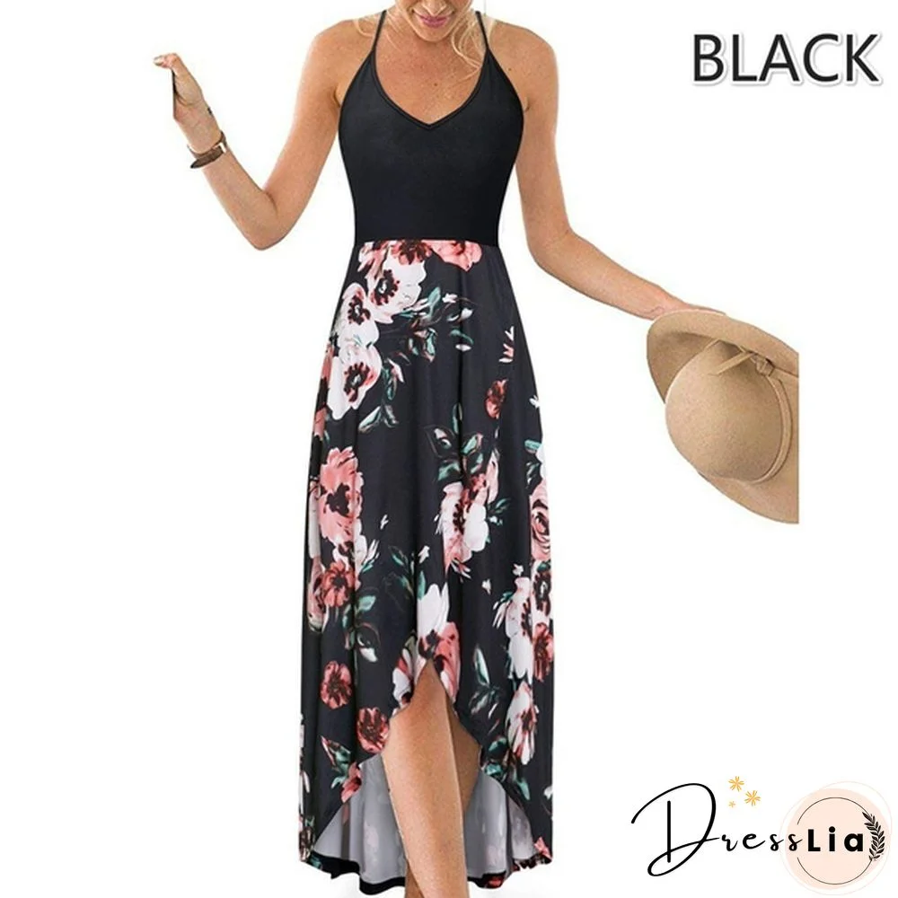 Women&rsquo;s Fashion Summer Casual Floral Printed V-Neck Sling Dress High Waist Big Swing Dress Backless Dress