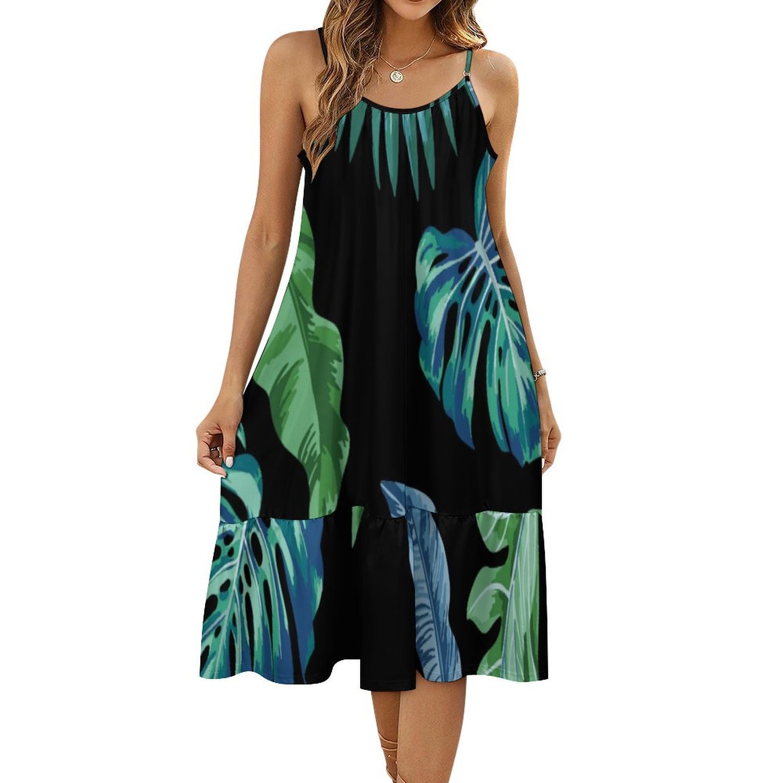 Monstera Philodendron House Plant Women's Summer Midi Dress Casual Boho Sleeveless Spaghetti Strap Beach Dresses