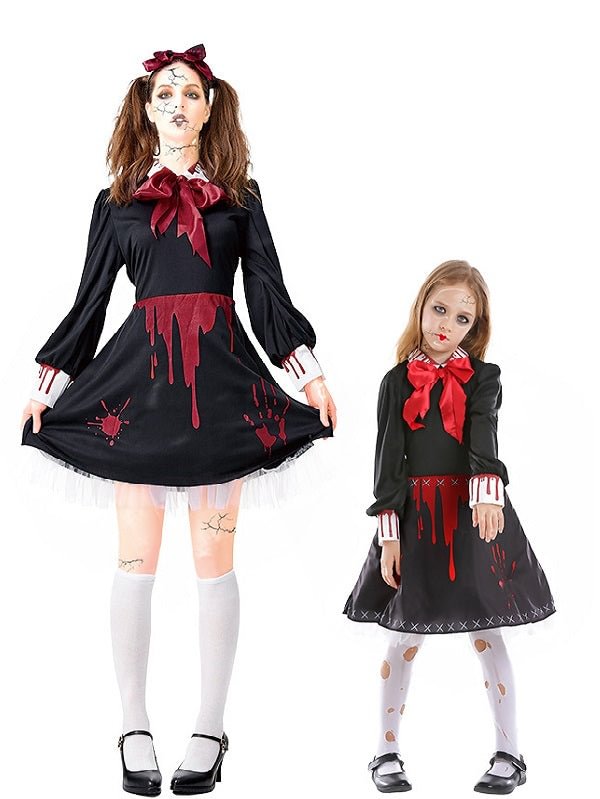 Womens Girls Creepy Doll Costumes for Family Halloween Cosplay-elleschic