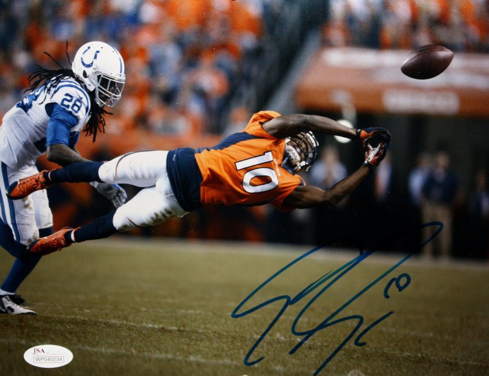 Emmanuel Sanders Autographed Broncos 8x10 Diving for Ball Photo Poster painting- JSA W Auth