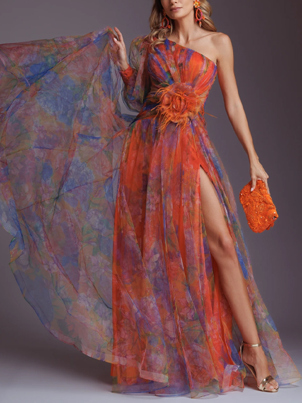 One Shoulder Print Maxi Dress