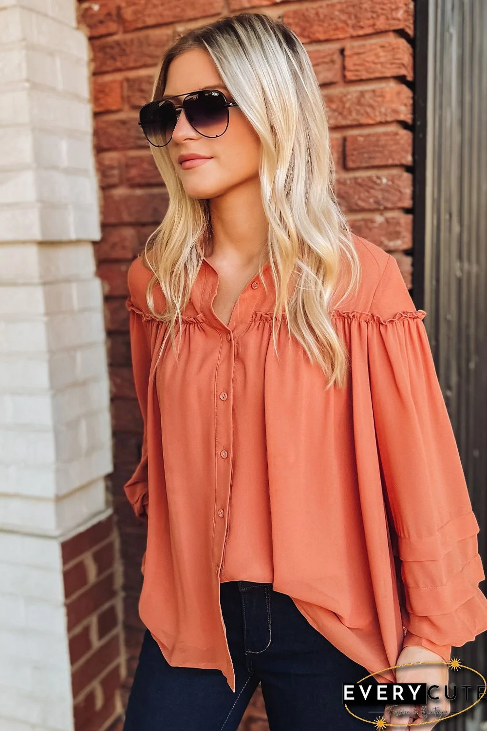 Orange Frill Trim Creasy Puff Sleeve Shirt
