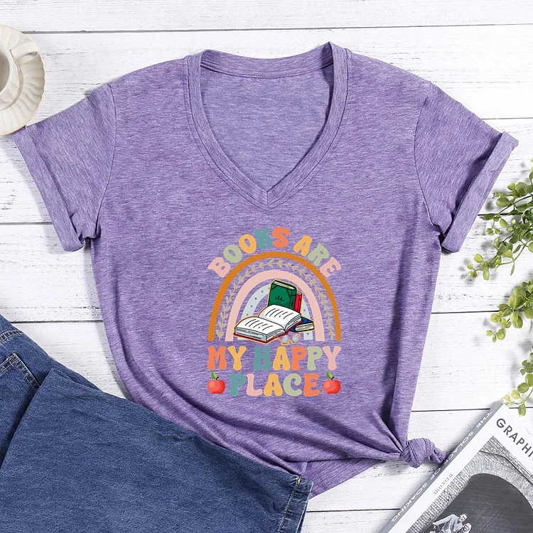 Books Are my happy place V-neck T-shirt-0025778