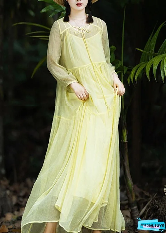 Loose Yellow Neck Tie Patchwork Chiffon Maxi Dress Spring