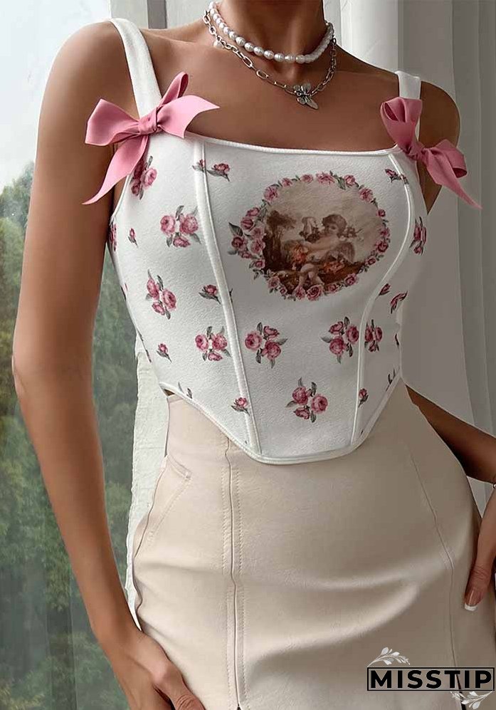 Street Sexy Lace-Up Low Back Camisole Fishbone Print Tunic Tank Top