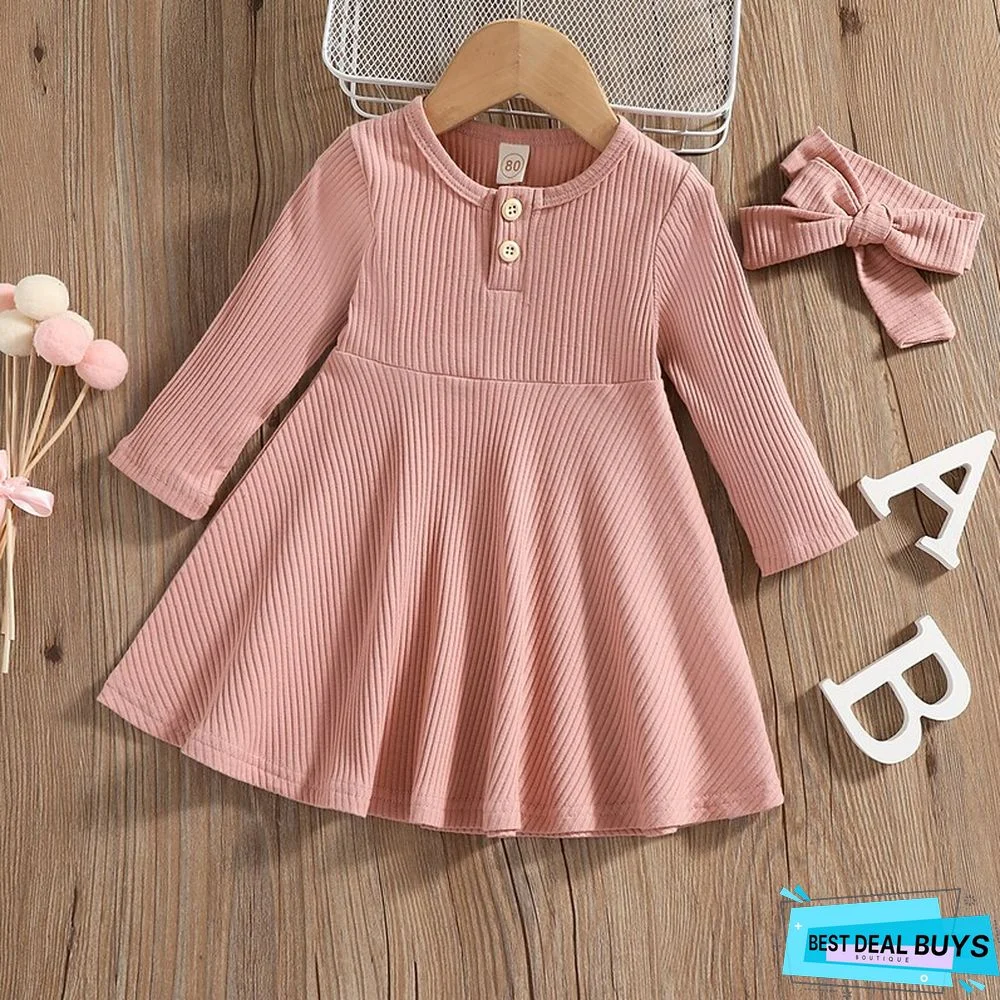 Kids Girls' Dress Solid Colored A Line Dress Above Knee Dress Vacation Cotton Long Sleeve Beautiful Dress 1-5 Years Winter Pink Brown White