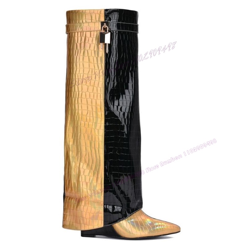 VCSHOES Patchwork Lock Decor Knee High Boots Wedges Heels Pointed Toe Shoes For Women Patent Leather Shoes Zapatos Para Mujere