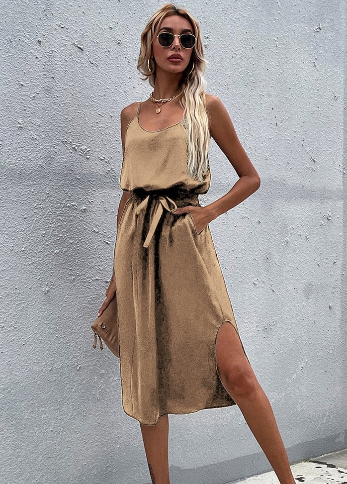 Straps Round Neck Sleeveless Solid Color Dress