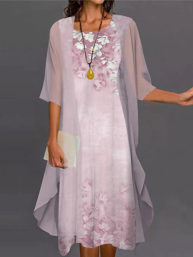Elegant Floral Long Sleeve Woven Dress Two-piece Midi Dress