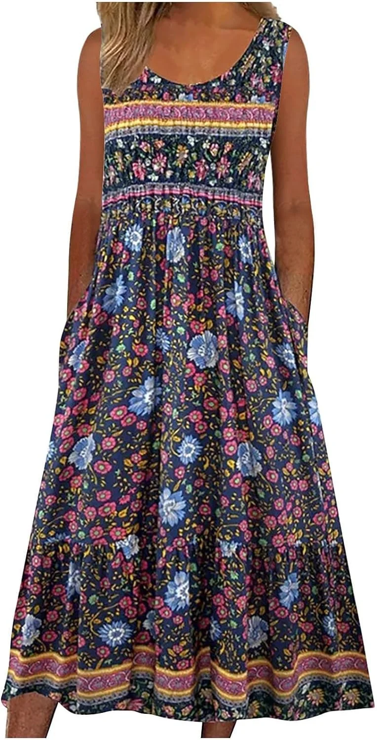 Bohemian V-Neck Printed Gathered Waist Midi Dress