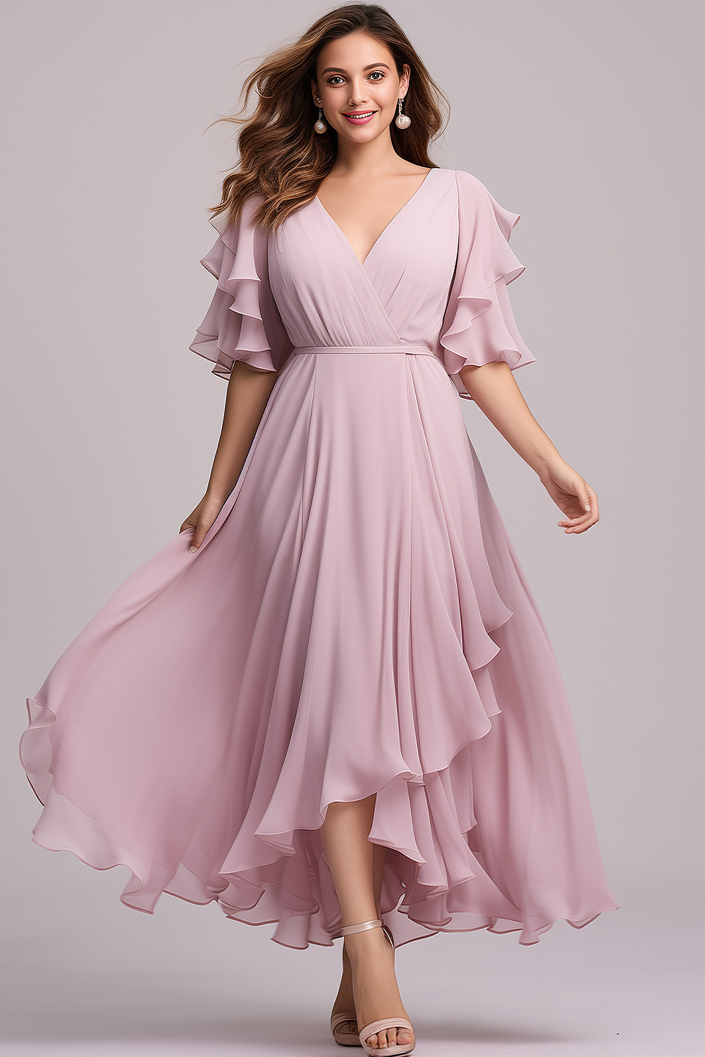 Flycurvy Plus Size Wedding Guest Pink Chiffon Wrap Irregular Hem Flutter Sleeve Maxi Dress