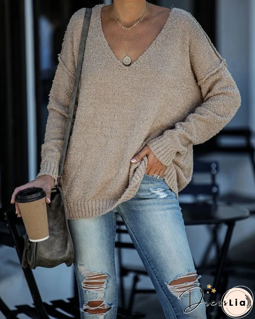 Plain V Neck Knitted Casual Sweater