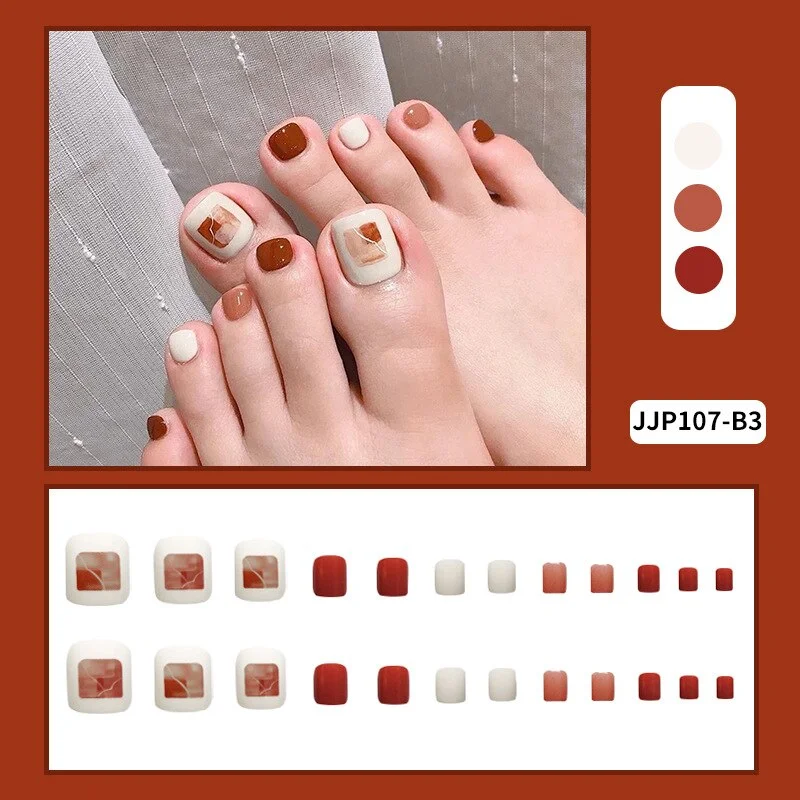 24pcs Plaid Printed Toenails Patch Removable Short  Full Finished Detachable Manicure False ToeNails Tips Press On Toe Nail-Nail Inspo