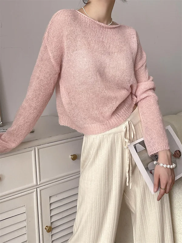 Gentle Mohair Knitted Roomy Long Sleeves Pure Color Thin Sweater Tops