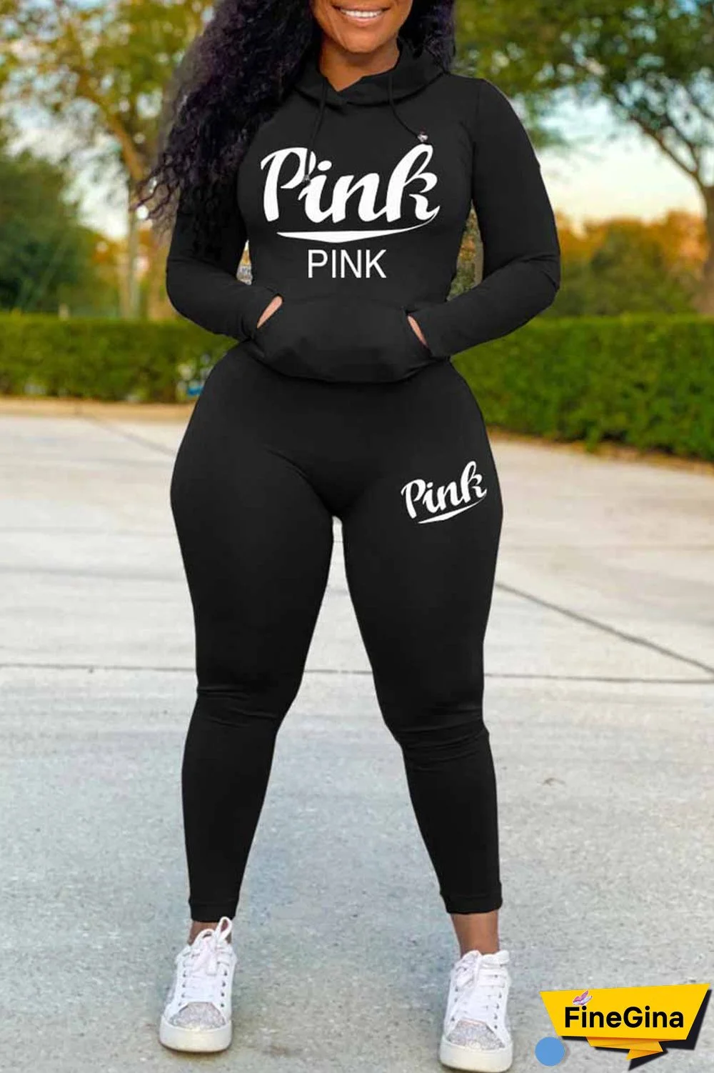 Black Casual Print Letter Hooded Collar Long Sleeve Two Pieces