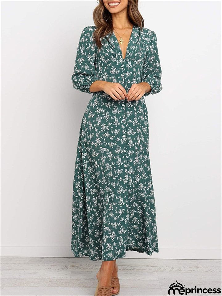 Classy High Waisted Vintage Floral V Neck Long Dresses For Women