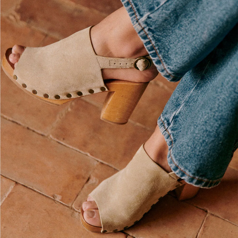 Vegan Suede Peep Toe Studded Platform Slingback Heeled Clogs in Beige