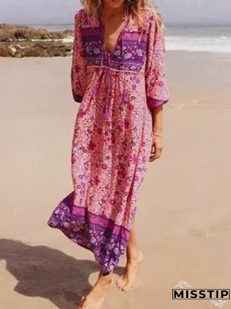 Women s Fashion Polyester Boho Tie Neck Long Sleeve Pleated Day Dress