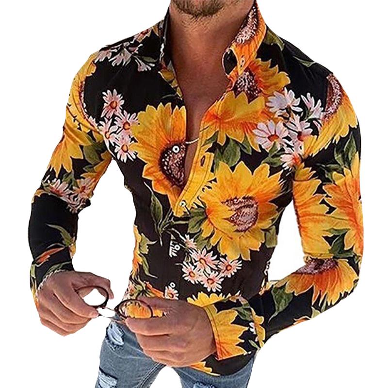 Men's Casual Sunflower Lapel Long Sleeve Shirt