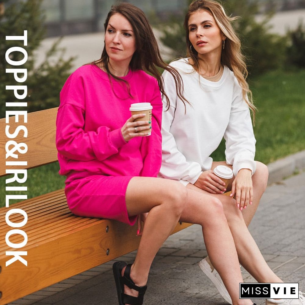 Toppies Women Two Piece Set Tracksuits O-Neck Sweatshirts Elastic High Waist Bermuda Solid