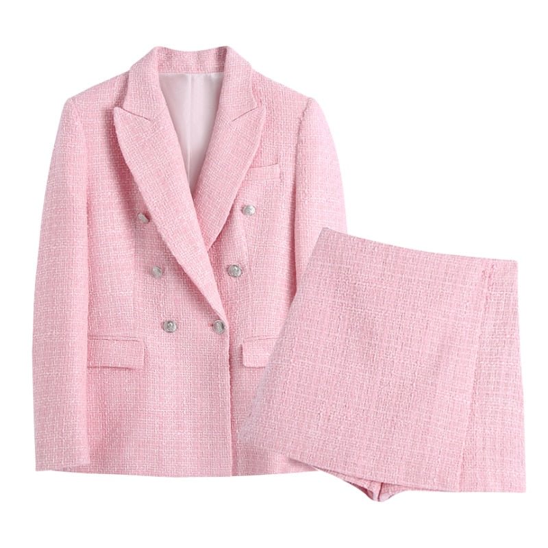 Aachoae Chic Women Pink Tweed Suit Blazer Sets 2021 Double Breasted Blazer With High Waist Shorts Office Ladies Outfits Set