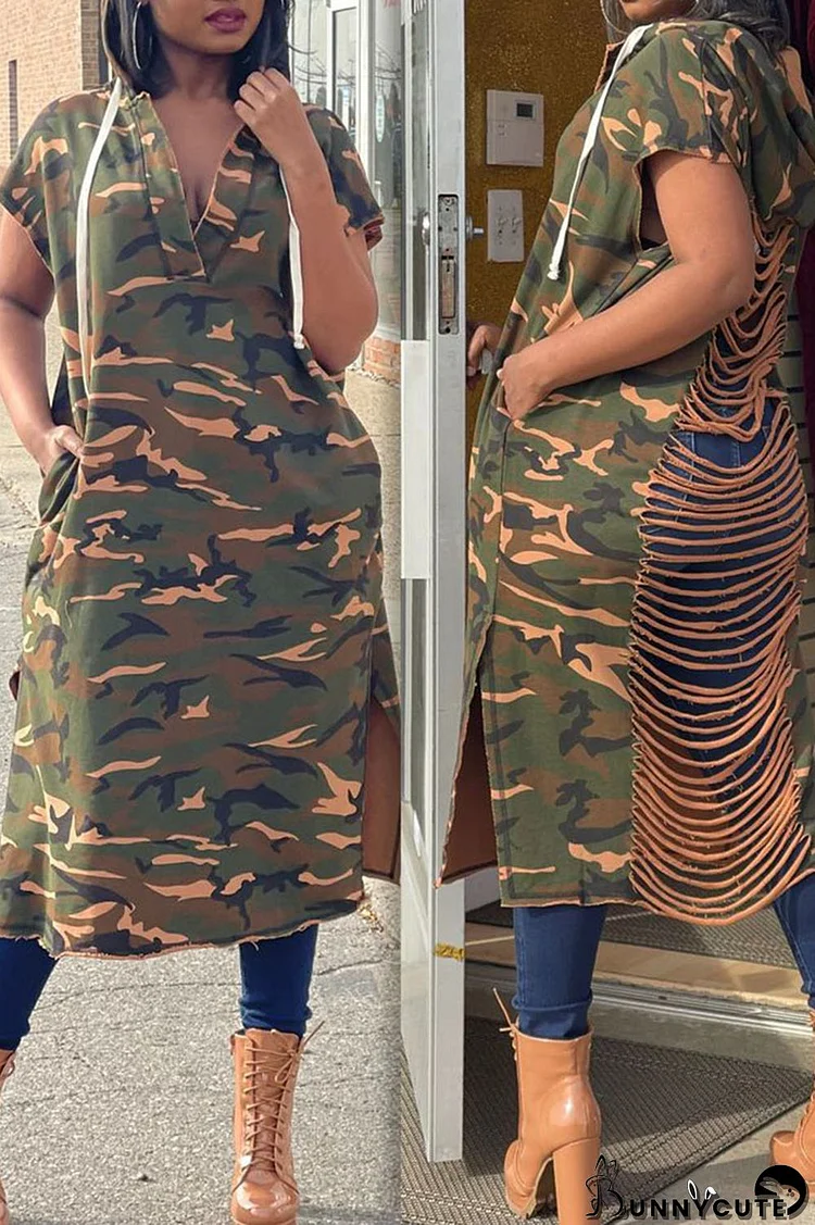Camouflage Street Print Hollowed Out Split Joint Backless Hooded Collar Dresses
