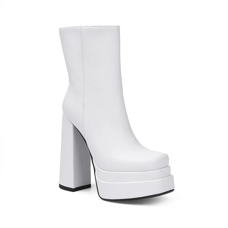 150mm Women's Double Platform Fashion Chunky Heels With Square Toe Side Zipper Boots-vocosishoes