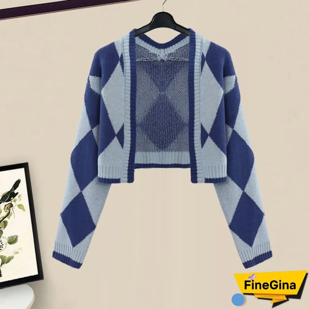 Rhombus Print Knit Cardigan Sweater A-line Slip Dress