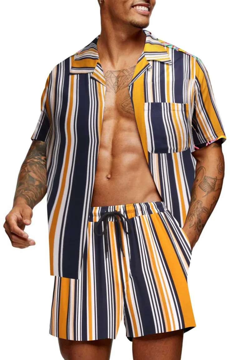 Men's Classic Casual Striped Digital Print Cuban Collar Shirt Shorts Two-Piece Set