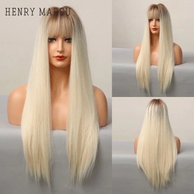 HENRY MARGU Dark Brown Medium Long Bob Synthetic Wigs with Bangs Layered Hair Natural Straight Wigs for Women High Temperature