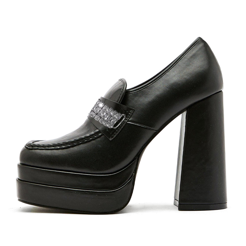Black Square-Toe Crystal Strap Chunky Heel Platform Loafers Nicepairs