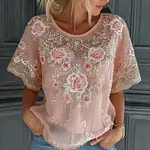 Women's Vintage Floral Embroidered Art Flowy Linen Blend Short Sleeve Casual Tops - Image 2