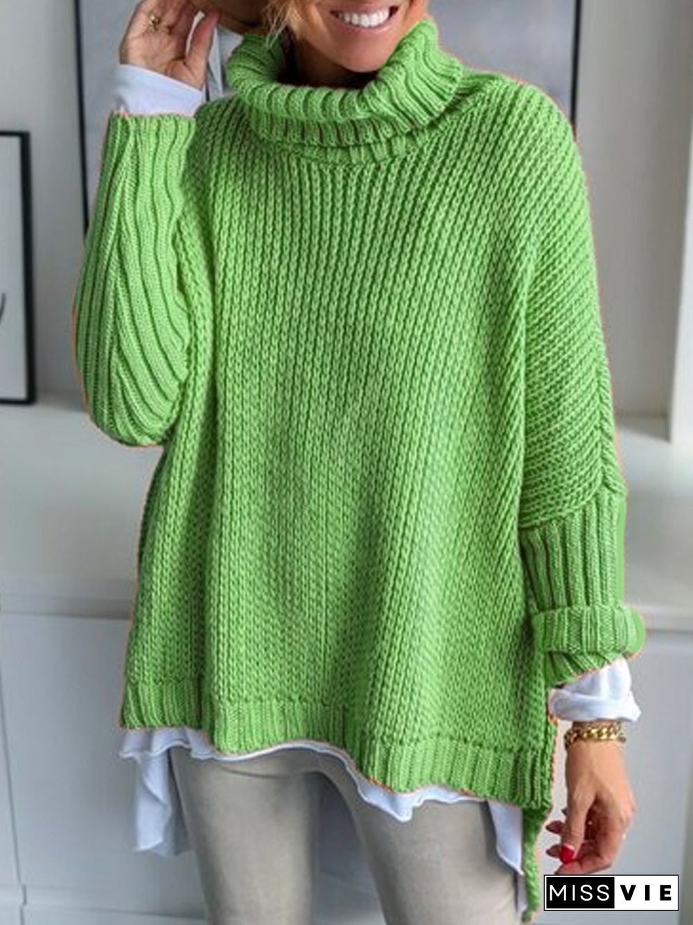 Women Basics Winter Solid Daily Plus Size Long sleeve Turtleneck Cotton-Blend Sweater