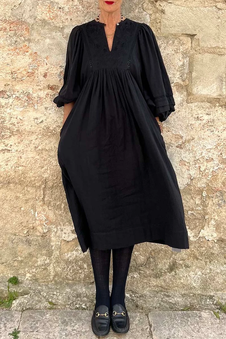Ruched Half Sleeve V Neck Linen Jacquard Plain Midi Dresses [Pre Order]
