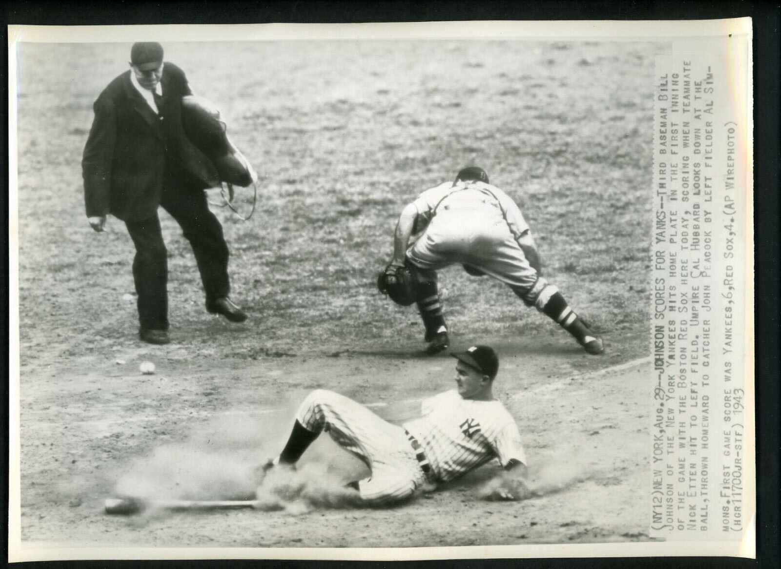 Billy Johnson John Peacock Cal Hubbard 1943 Press Photo Poster painting Yankees Boston Red Sox