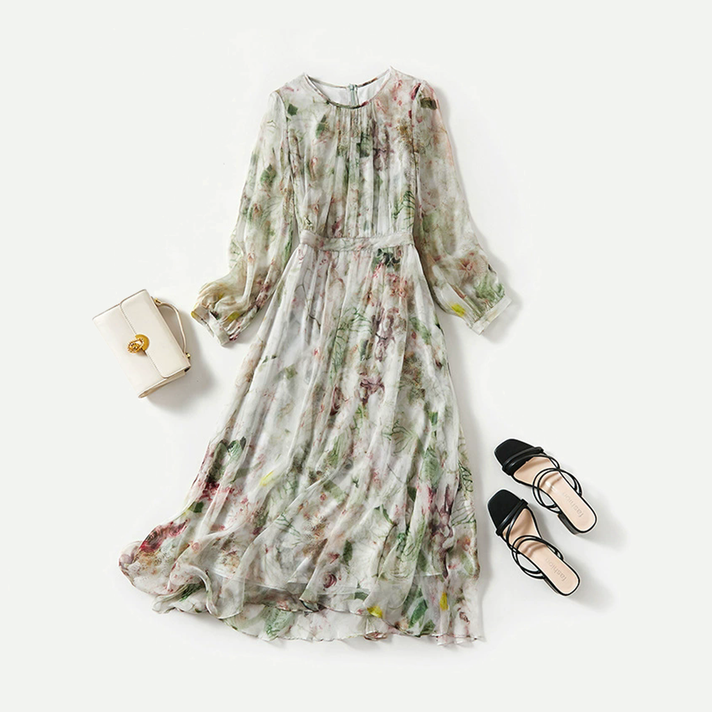 Silk Dress Round Neck Print For Beach REAL SILK LIFE