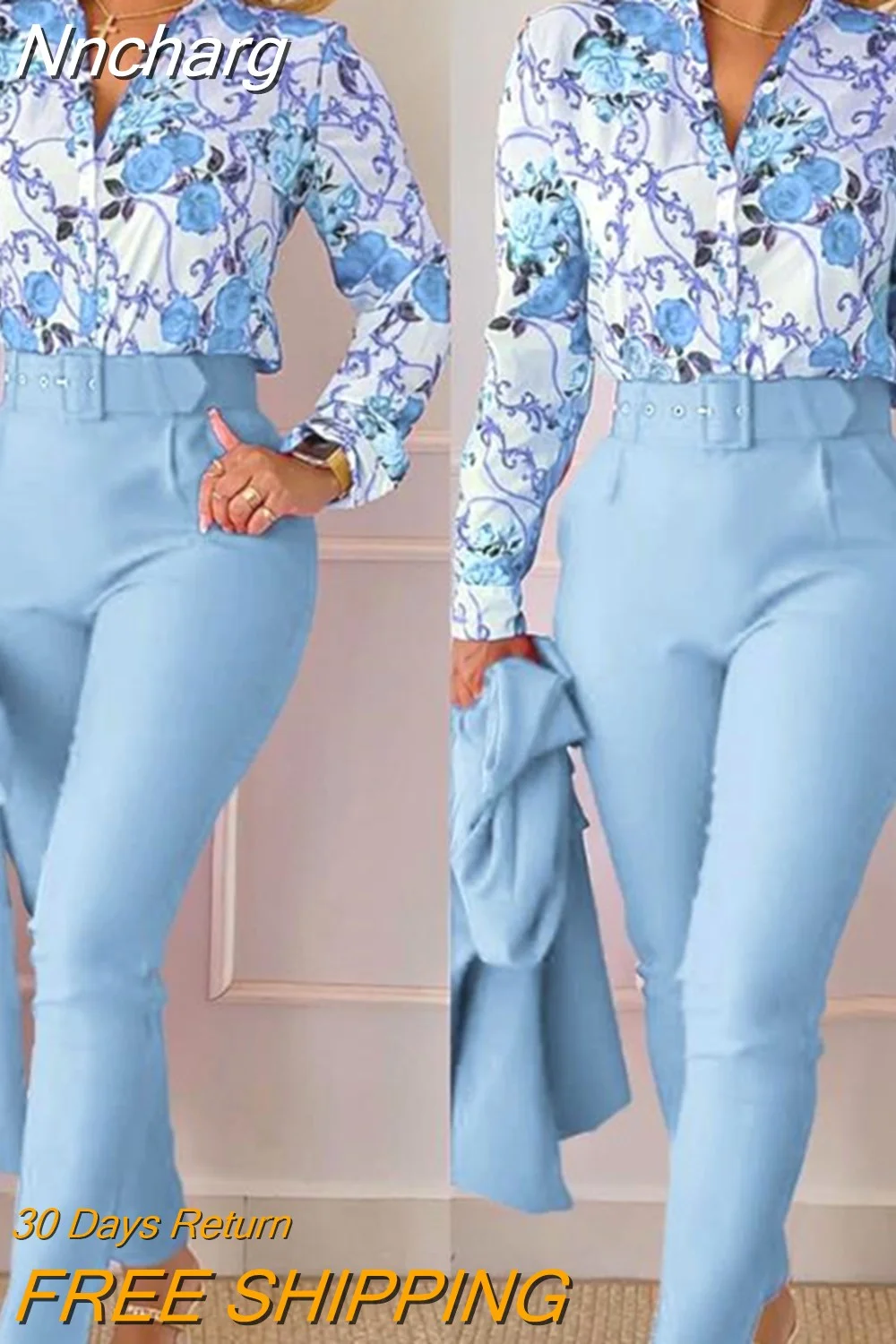 Nncharge Piece Sets Women Outifits 2023 Spring Fashion Floral Print Turn-Down Collar Long Sleeve Shirt & High Waist Pocket Pants Set
